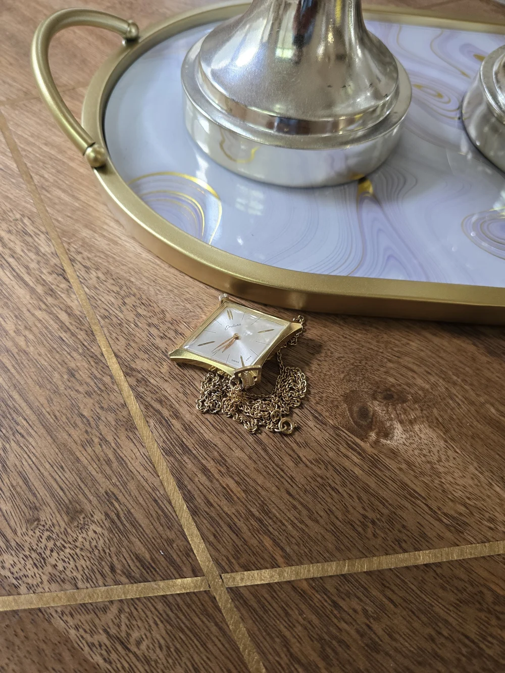 Gold-Tone Square Pendant Watch Necklace Automatic
